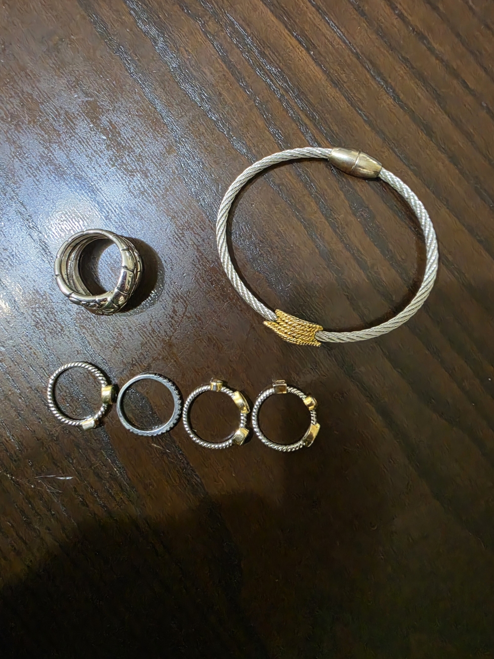 Two-Tone Silver and Gold Stackable Ring Set with Matching Cable Bracelet